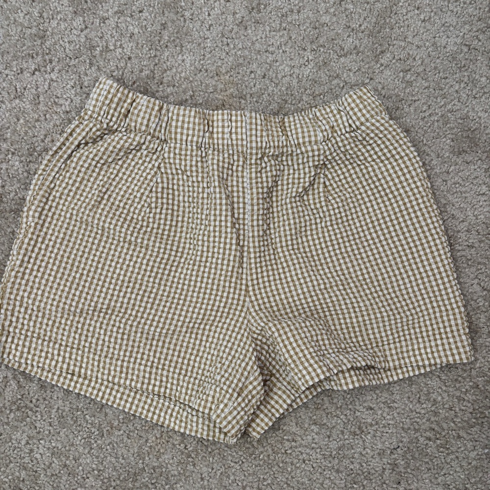 Mango Gingham Elastic-Waist Shorts in Tan and White